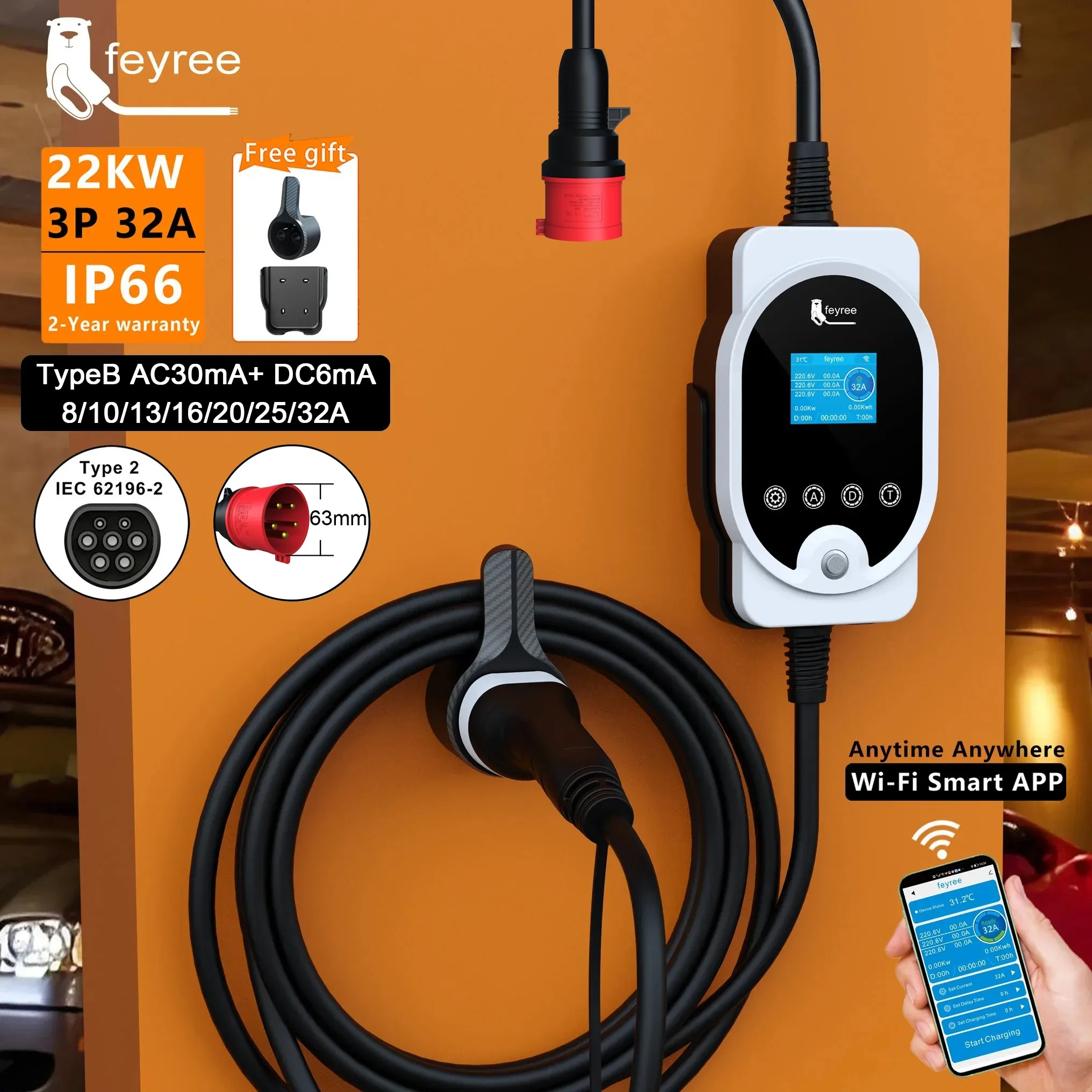 Wallbox Ev - 페이리 22KW 타입2 케이블 EVSE 월박스
